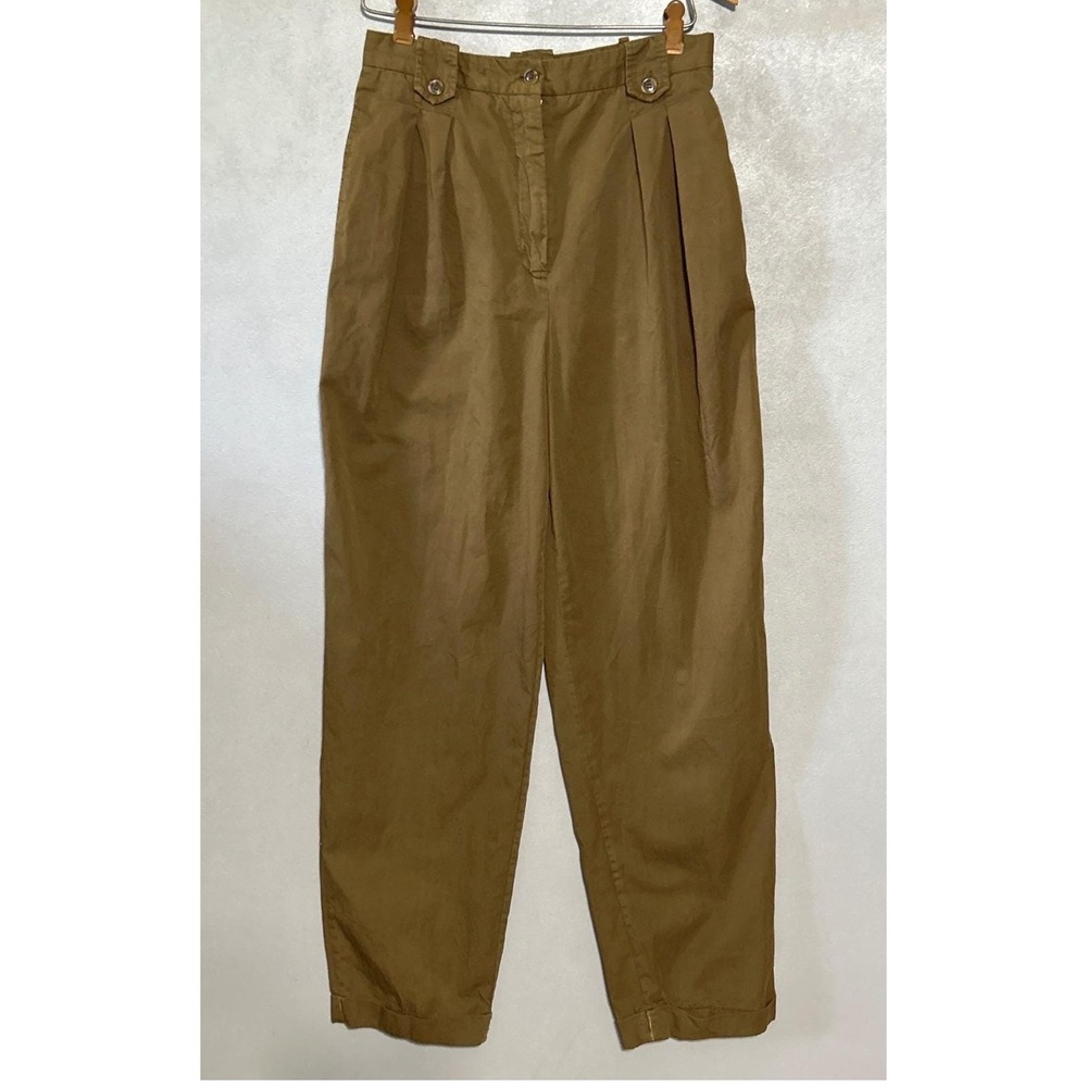 Anne Klein II Vintage 90s Khaki-Green Cotton Pleated High Waisted Trousers 8